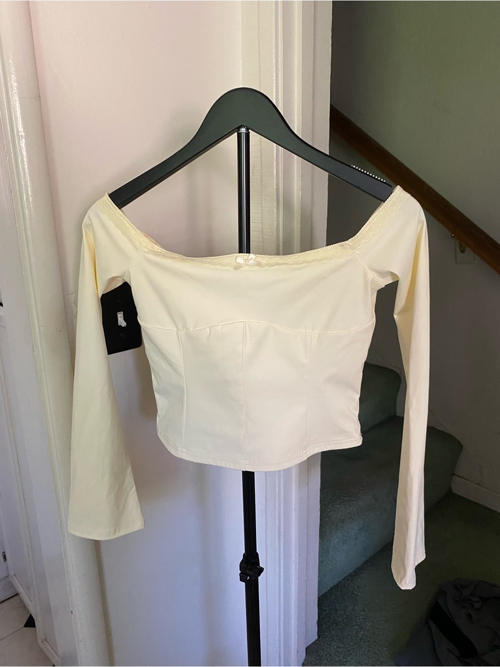 White Fox Boutique Off-Shoulder Long Sleeve Crop Top, Butter Yellow,size S